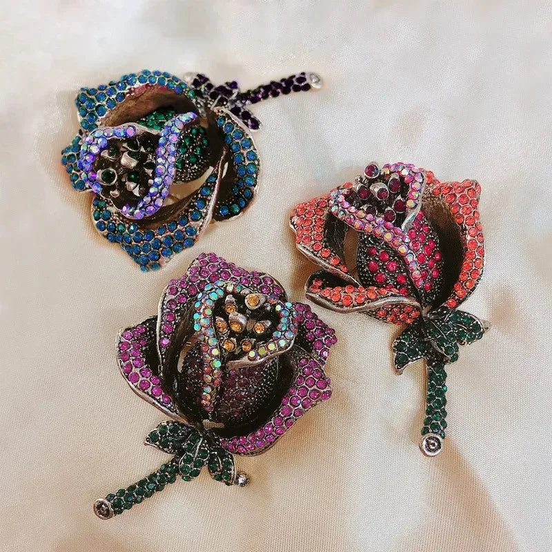 Vintage Rose Flower Women Brooch Pin Hot Pink Rhinestone Crystal Pin Jewelry