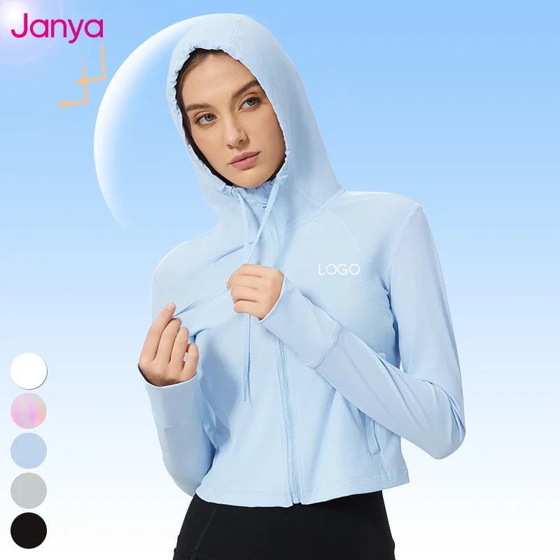 Janya Women's Long Sleeve UPF50+ Sports Yoga Jacket Breathable Cool Fabric Outdoor Running Fitness Gym Zipper Hoodie Top Spandex