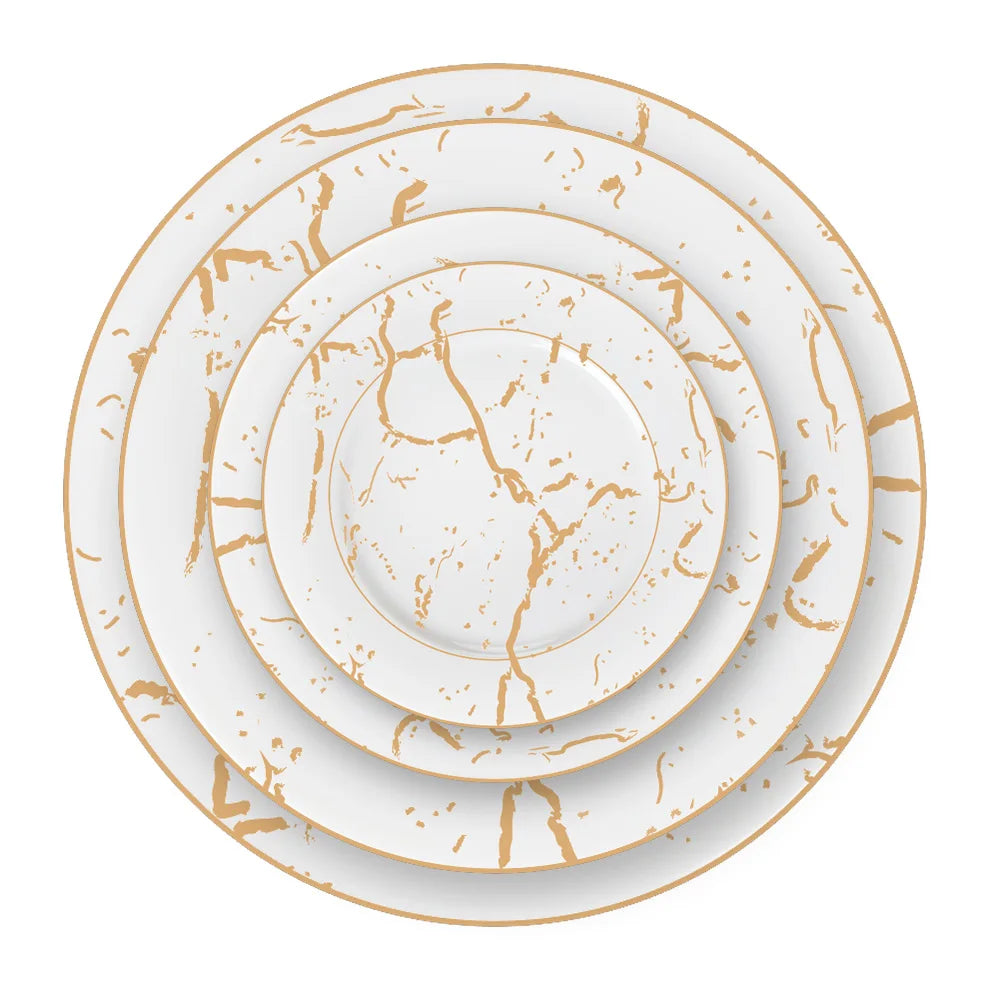 White Wedding Round Crockery Plate Gold Ceramic Dinning Plate Set Dinner Plates with Gold Rim