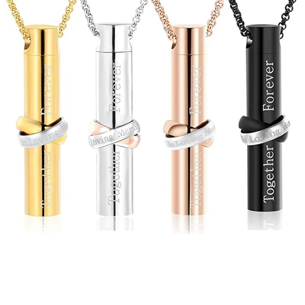 Cylinder Shape Together Forever Memory Urn Jewelry Perfume Bottle Necklace Stainless Steel Essential Oil Pendant