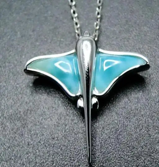 Genuine 925 Silver Natural Larimar Hawaiian Manta Ray Slide Pendant Sealife Larimar Silver Jewelry