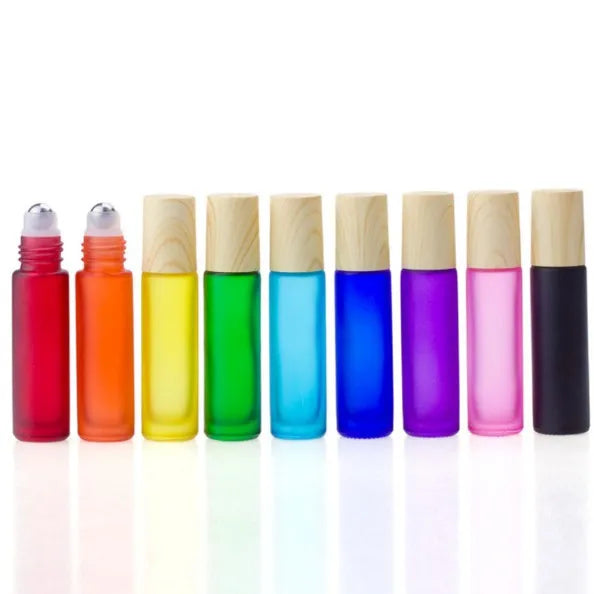 Matte Red Purple Green  pink 5ml 10ml Empty Glass Roll on Bottle Cosmetic Essential Oil Glass Roll on Bottle with Wood Grain Cap