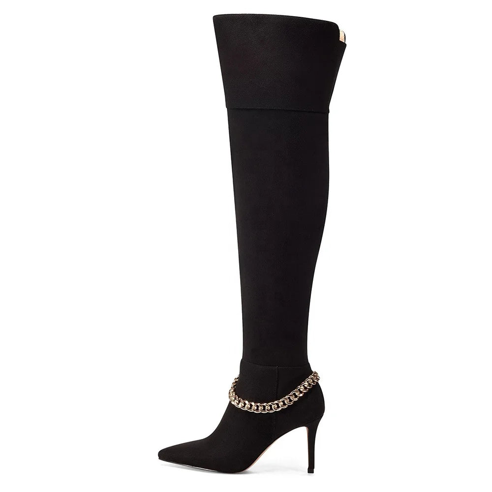 Black Thigh Boots With Chain Pointed Toe High Heel Over the Knee Boots for Women Winter Shoes Ladies Long Boot Large Size