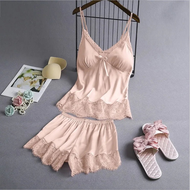 New Pyjamas Women Ice Lace Silk Sexy Suspenders Shorts Two-Piece Suit Pyjamas
