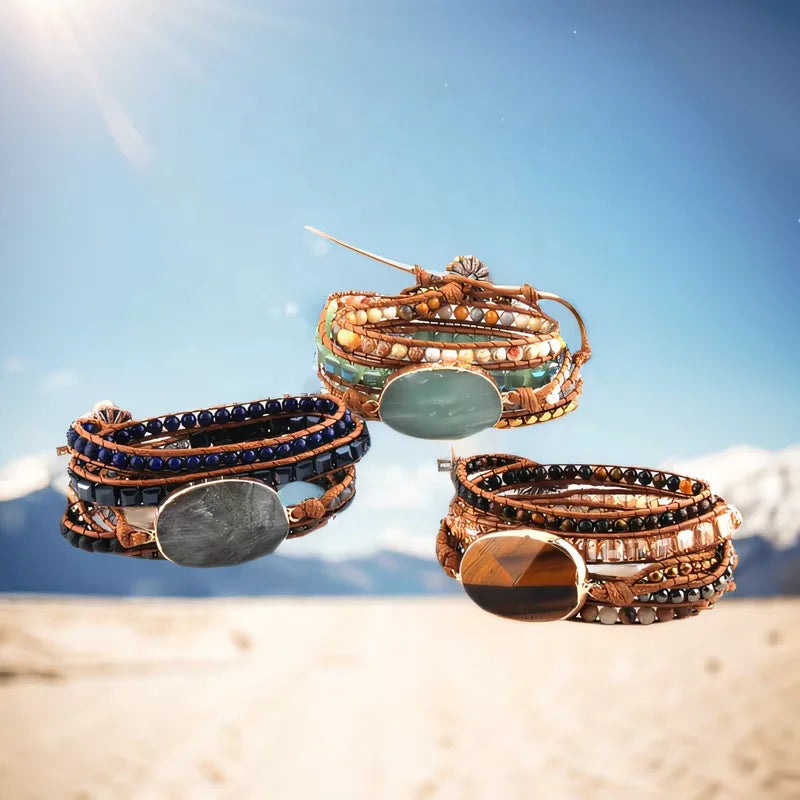 Women Korea Wax Female Bracelet Handmade Mixed 4mm Natural Gemstones Crystal Bohemia Ethnic Femme Bracelets 5 Wrap Bracelets