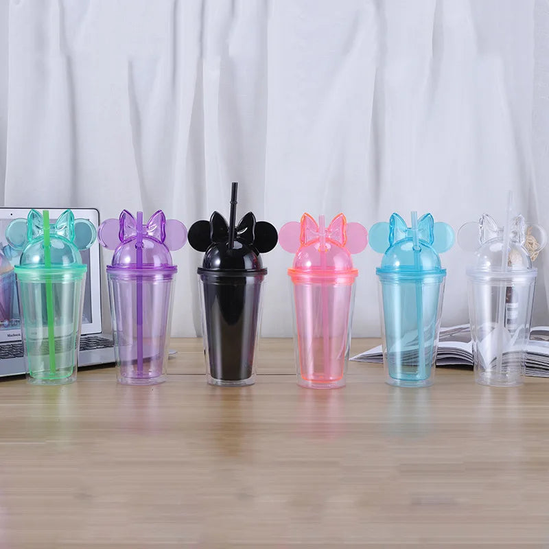 Custom Double Wall 16oz Acrylic Plastic Mouse Cups Tumbler Drinking Water Bottle with Lid and Straw Reusable in Bulk