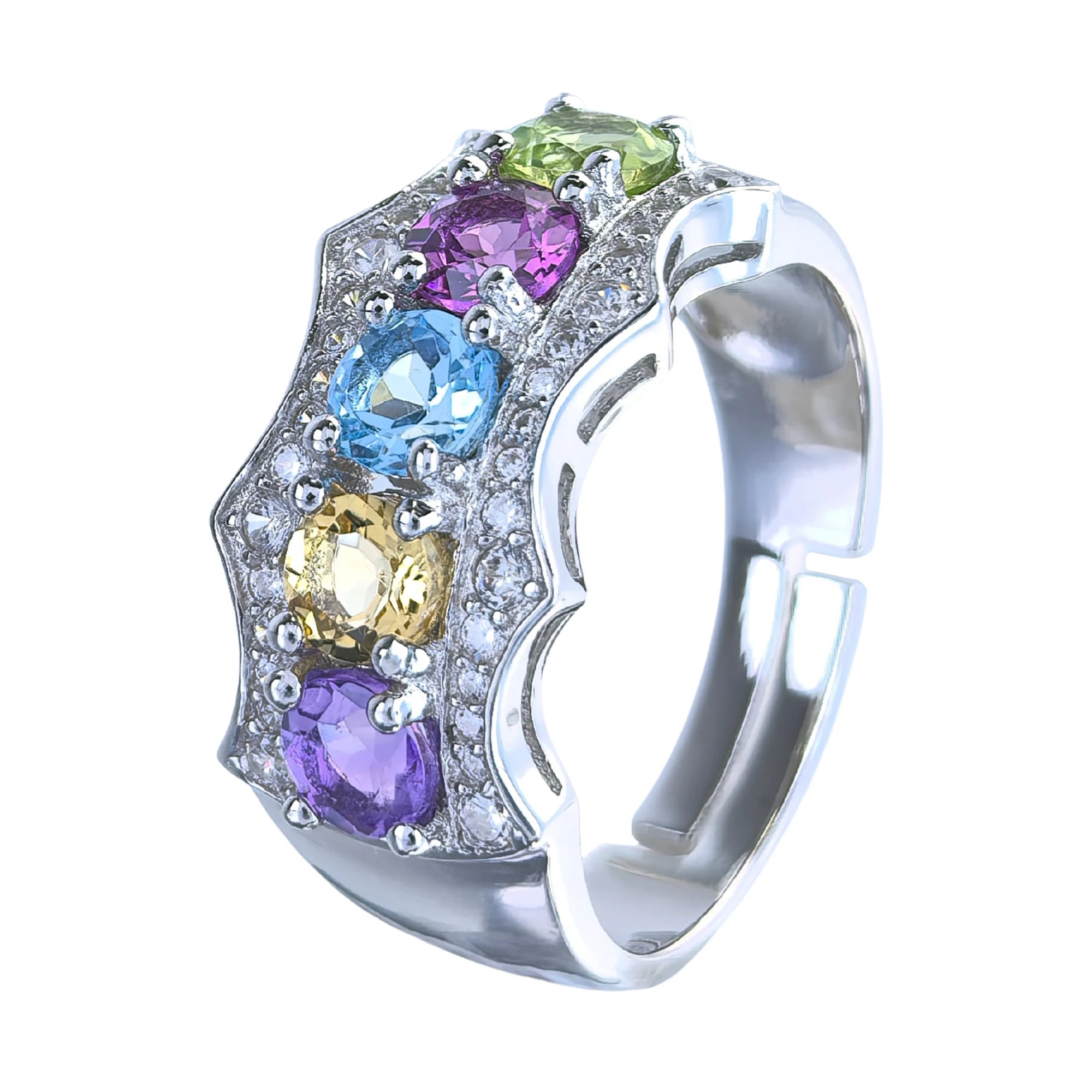 Factory Wholesale Rhodium Plated 925 Silver Jewelry Round Cut Multiple Natural Gemstone Ring for Women Anniversary Gift