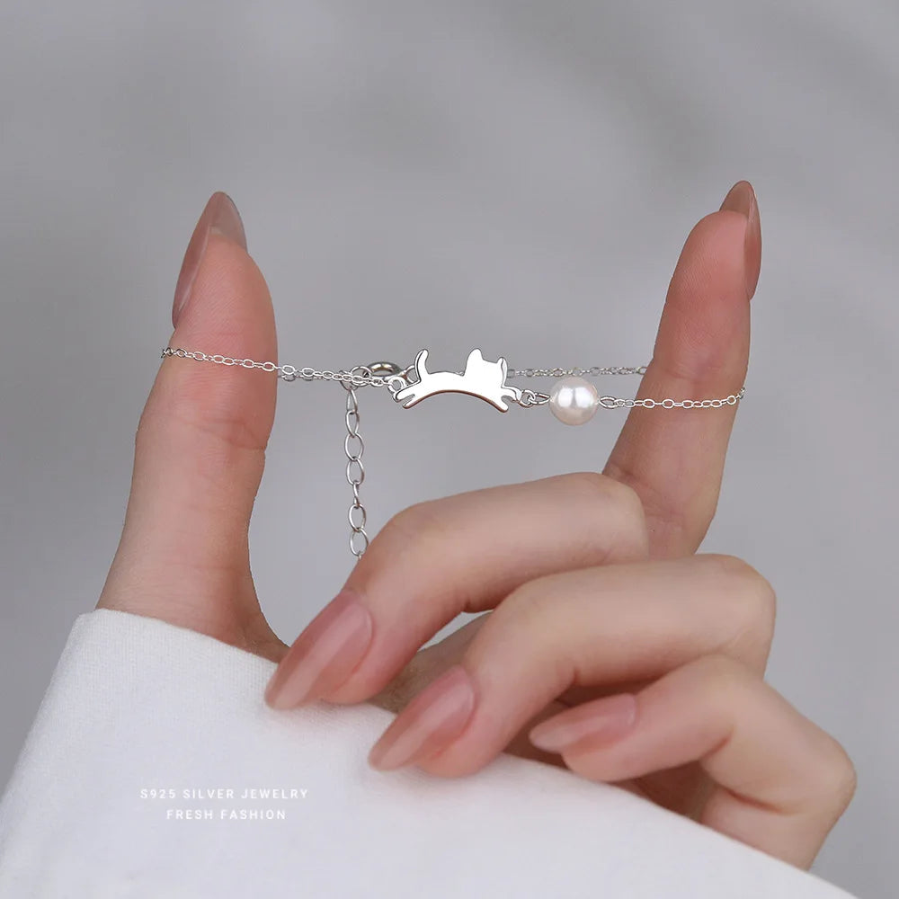 Personalized Creative Cat Playing Ball Chain Bracelets Cute Retro Pearl 925 Sterling Silver Bracelet Handmade Jewelry