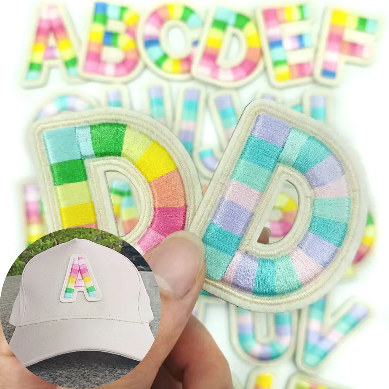 Raised Embroidery Puffs Rainbow Multicolored Striped Pattern Self Adhesive 3D Letter Patches