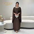 Hafizah 2026 Dubai Luxury Brown Pearl Embellished Muslim Long Dress Batwing Sleeve Modest Abaya