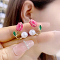 Fashion South Korea High-End Elegant Tulip Pearl Stud Earrings Gold Plated Geometric Trendy Design for Women Girls Children