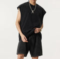 Custom Logo Summer Retro Vintage Washed Sleeveless Slightly Drop Shoulder Vest T-Shirt 275GSM  and Short 330GSM Men's Sets