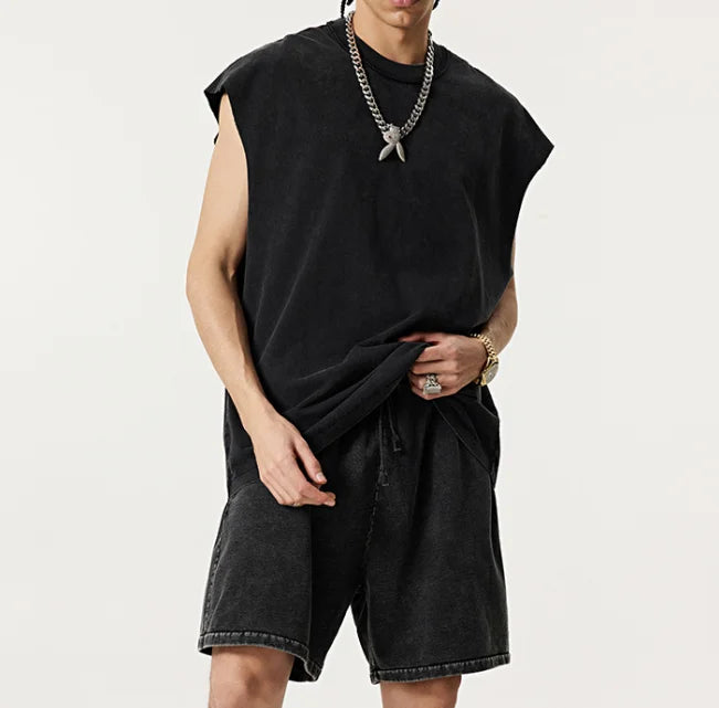 Custom Logo Summer Retro Vintage Washed Sleeveless Slightly Drop Shoulder Vest T-Shirt 275GSM  and Short 330GSM Men's Sets