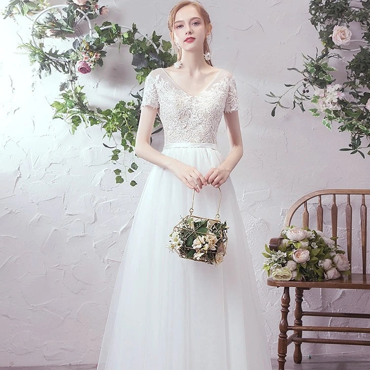 Women Simpleness Sweep Train Short Sleeve Luxury Wedding Dresses