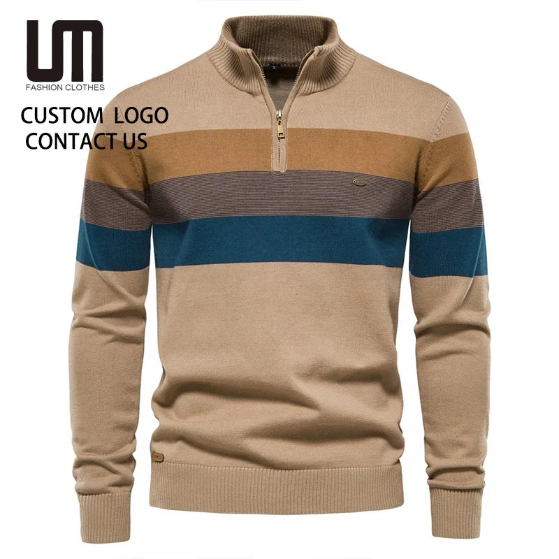 Liu Ming Good Quality New Winter Men Casual Zipper Neck Patchwork Pullover Cotton Warm Sweater