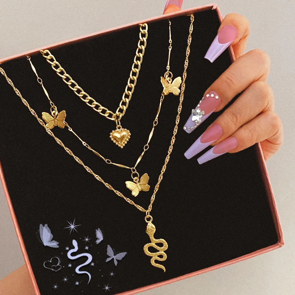 VKME Gold Plated Trend Multi Layer Fashion Cuban Chain Butterfly Pendant Snake Necklace Wholesale