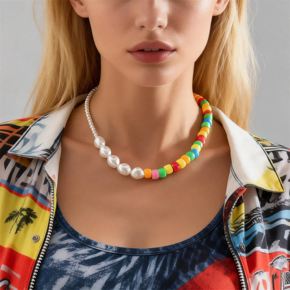 SHIXIN Baroque Pearl Choke Necklace Multi Color Acrylic Beaded Necklace Bohemian Jewelry Necklace 2021 for Men Women