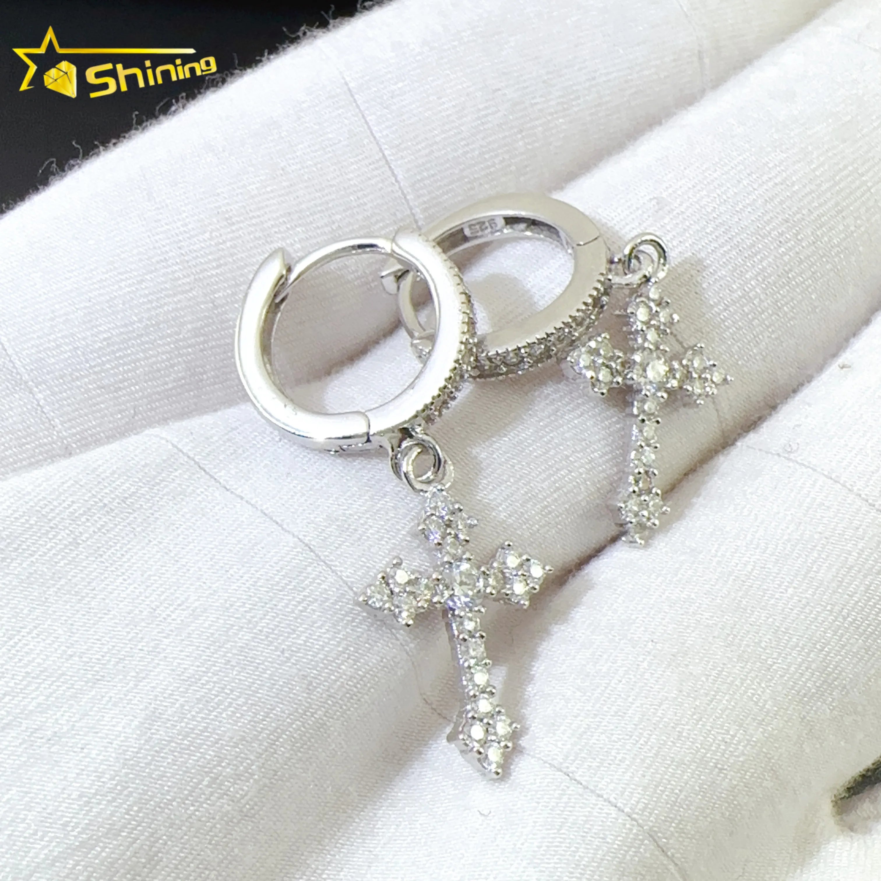 Small Gold Plated 925 Sterling Silver Moissanite Jewelry Synthetic Lad Diamond Cross Hoop Earrings with GRA Certificate