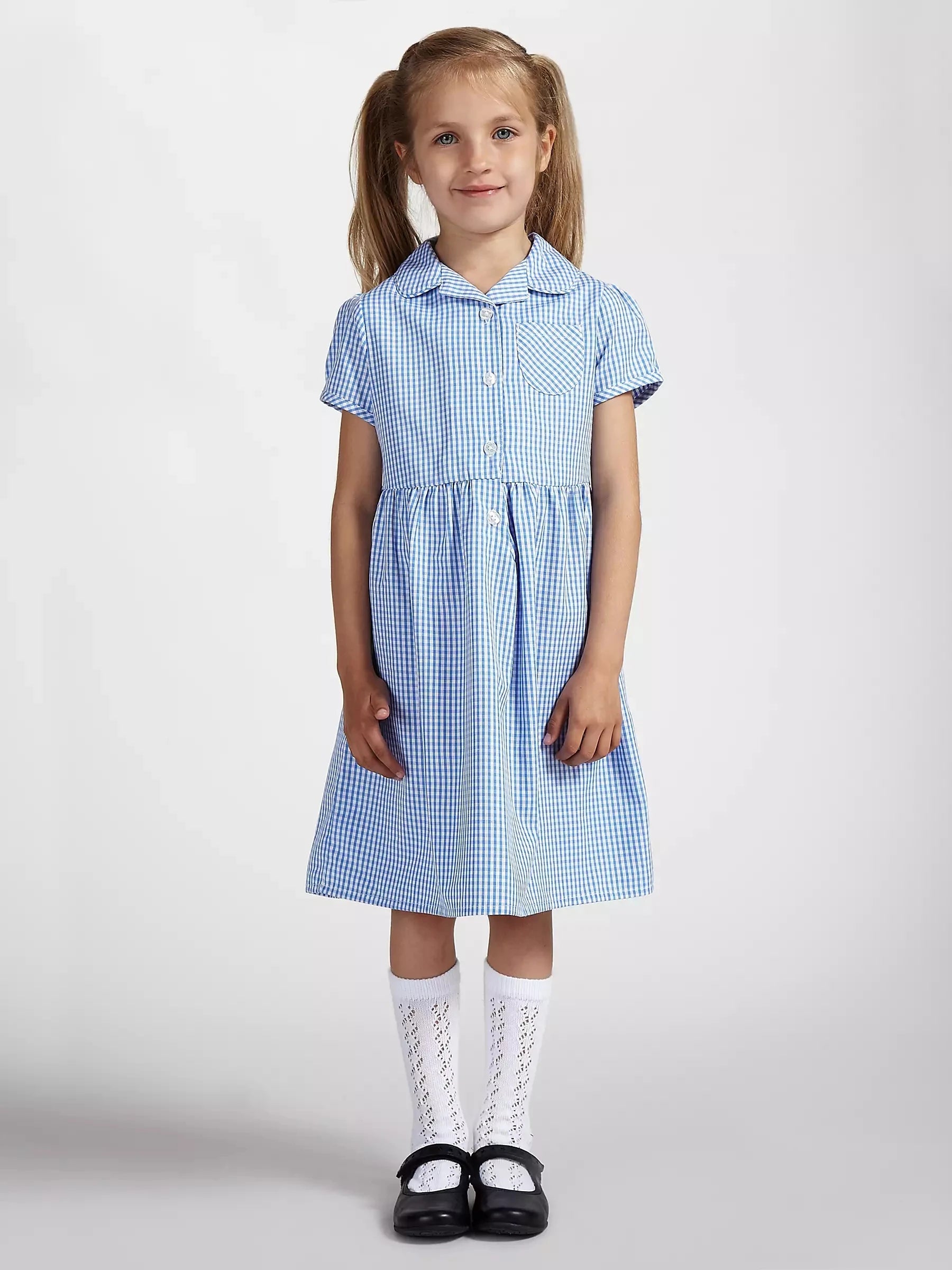 Custom Sky Blue Plaid Mini Dress Casual Short Sleeve Lace School Summer Dress Stylish School House Wear Dress