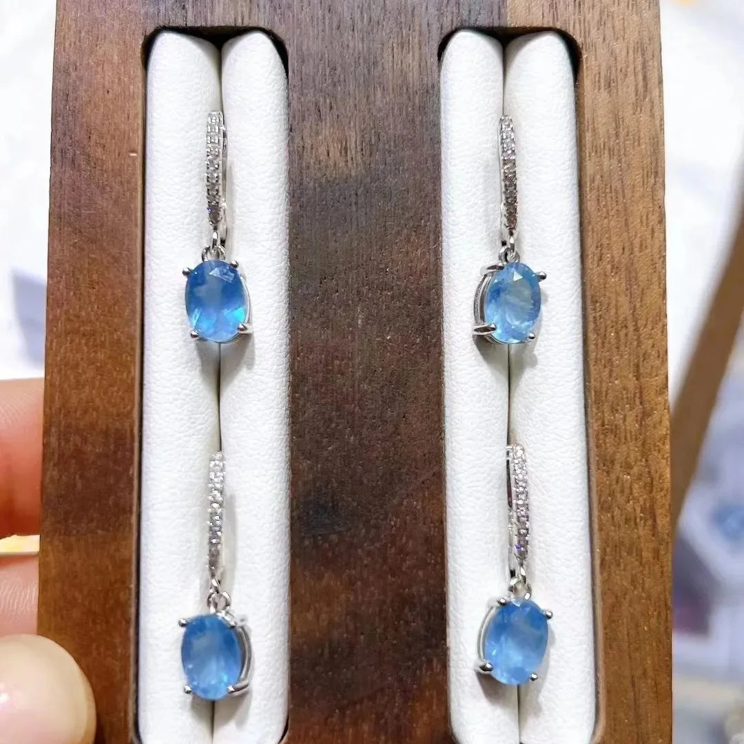 Natural  Crystal Healing Meditation Stones  925 Silver Inlaid Aquamarine Earrings