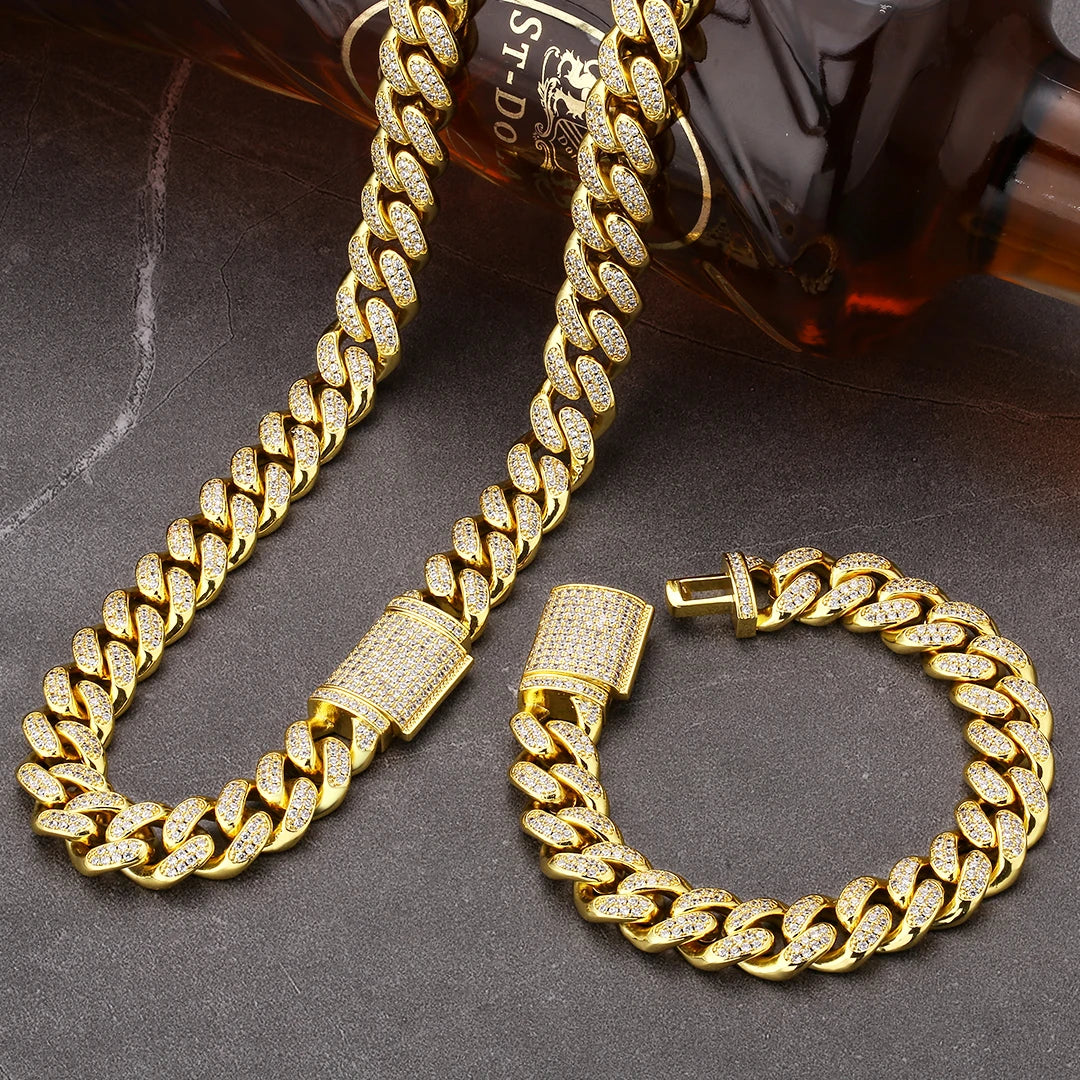 Wholesale 18K Gold Plated Women Iced Out Cuban Link CZ Prong Link Man Cuban Chain Necklace Jewelry Hiphop