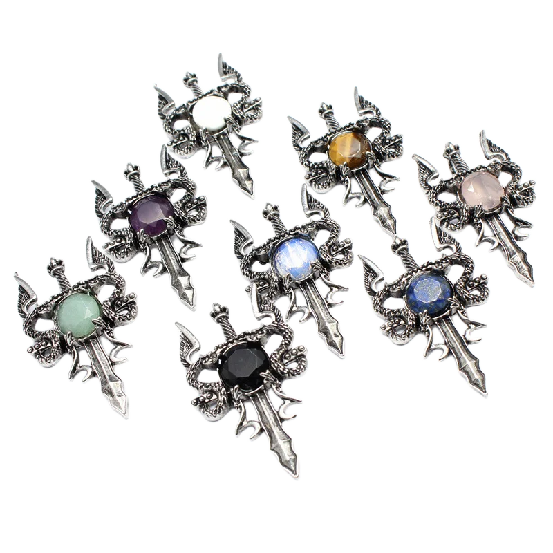 Wholesale Vintage Natural Stone Crystal Labradorite Double-Winged Dragon Sword Pendant Bracelet Accessories for Children
