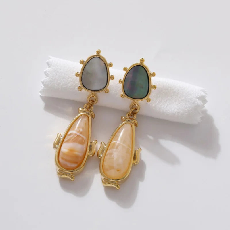 European Retro Gold Plated Multicolor Shell Stud Earring Statement Thick Oval Resin Drop Earring for Women Party