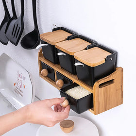 Ceramic Condiment Box Single Flip Top Condiment Box Bamboo Wood Cover Creative Kitchen Products Hatchback Condiment Pot
