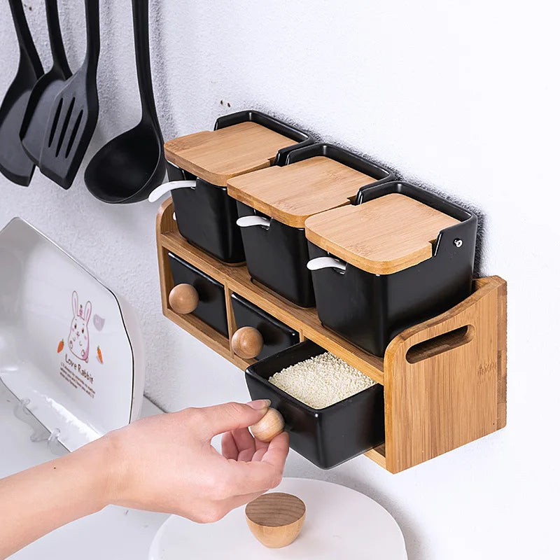 Ceramic Condiment Box Single Flip Top Condiment Box Bamboo Wood Cover Creative Kitchen Products Hatchback Condiment Pot