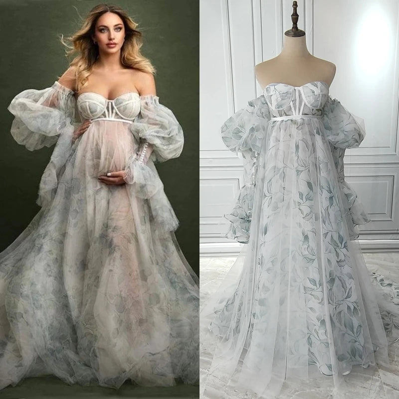 14509# Real Photos Custom Made Puffy Sleeves Chiffon Sweep Train Maternity Dresses for Pregnant Woman Photography Dress