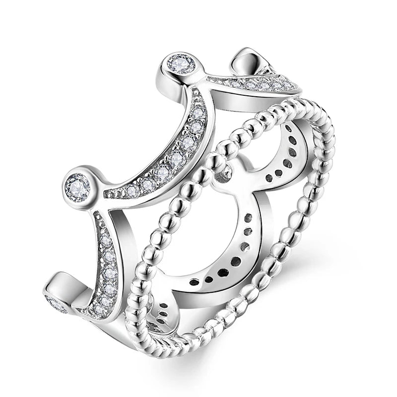 Luxury Minimalist White Gold Plated Crown Ring Delicate Diamond Cubic Zircon Inlaid Wedding Jewelry for Women