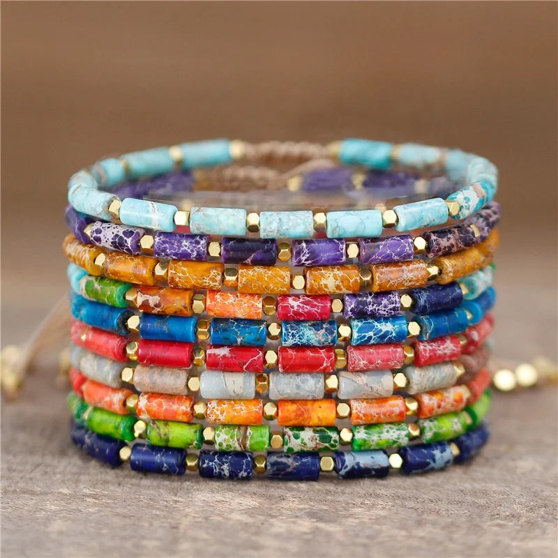 Boho 4mm Natural Stone Tube Beads Bracelet Handmade Tibetan Stretch Yoga Adjustable for Men Women Girl Jewelry Gift Wholesale