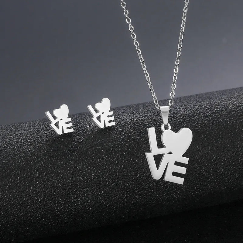 New Love Necklace Women's Simple Necklace Earnail Set Stainless Steel I Love You Collarbone Chain Jewelry Wholesale