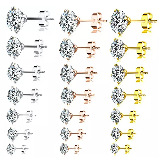 ZF Hot Sales 7 Pairs Stud Earrings Set Hypoallergenic 316L Earrings Stainless Steel Cubic Zirconia  CZ Earrings 2-8mm