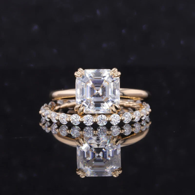 Starsgem 14k Sets of Rings Yellow Gold 2 Pieces Wedding Gold Ring Sets Asscher Cut Moissanite Rings Set Free Shipping