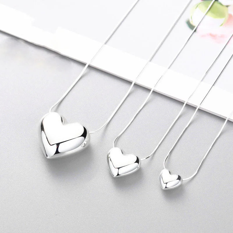 Hot Sale 925 Sterling Silver 12mm 18mm 28mm Polished Puffed Heart Pendant Necklace for Women Wholesale