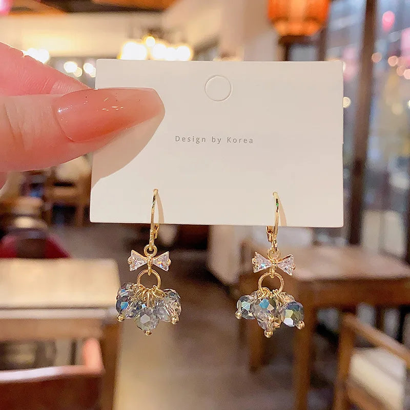S925 Silver Needle Korean Light Luxury Crystal Bow Earrings Sparkling Zircon Stud Earrings Zircon Bow Crystal Huggie Earrings