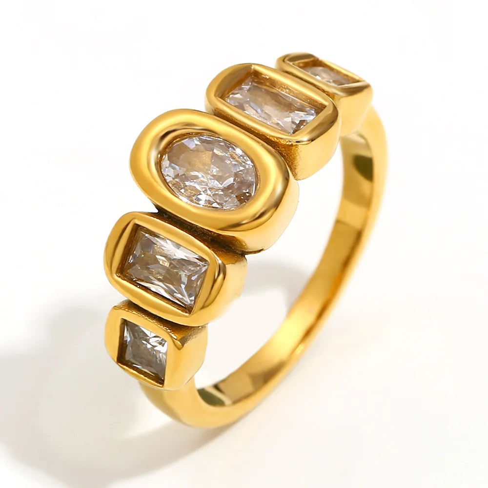 Geometric Zircon Signet Ring 18k Gold Plated Engagement Jewelry Anti Tarnish Stainless Steel Ring