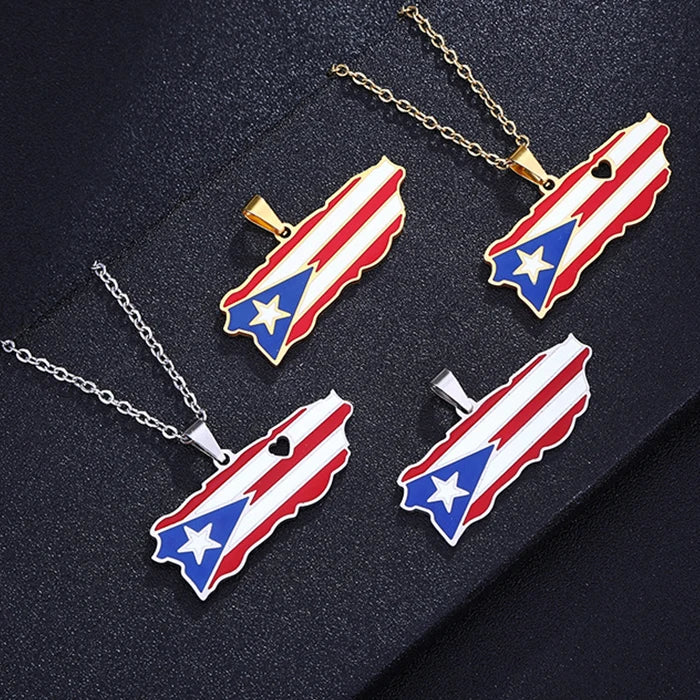 Fashion Souvenirs Gift Non Tarnish Silver 18K Gold Plated Stainless Steel Enamel America Puerto Rico Map Necklace Jewelry