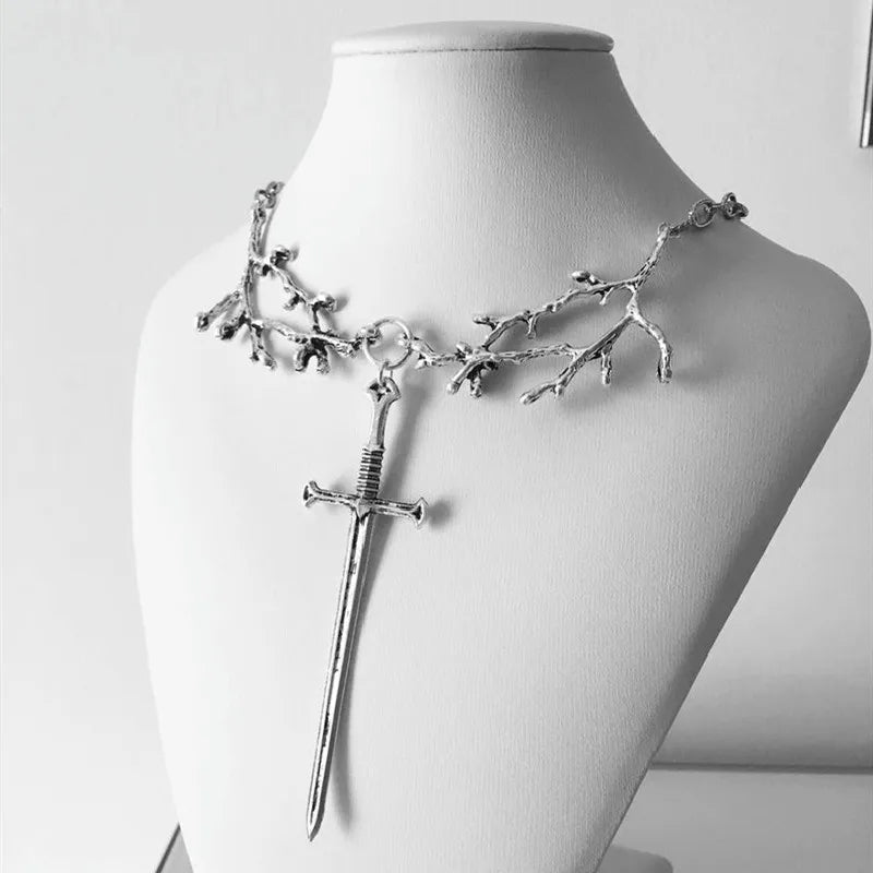 Fashion Goth Branches Cross Sword Pendant Necklace Unique Goth Jewelry Accessories Alternative