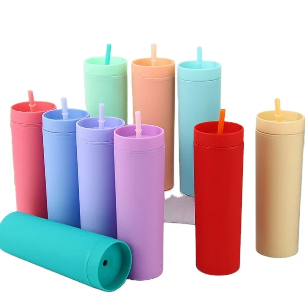 16OZ Plastic Water Bottle Ins Skinny Water Cup Mug 16 OZ Double Wall Skinny Tumbler With Straw