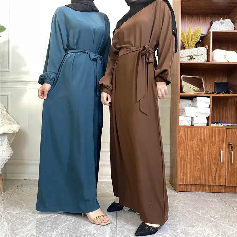 New Arrival Slim Sleeves Elastic Cuff Plain Color Closed Abaya Muslim Women Modest slip Dress With Side Pockets