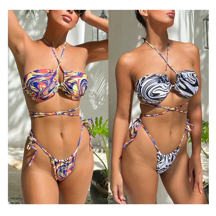Custom Logo Halter Luxury Thong Bandage Designer String Swimwear Mujer New Design Print Sexy Girl Colorful Bikini Set
