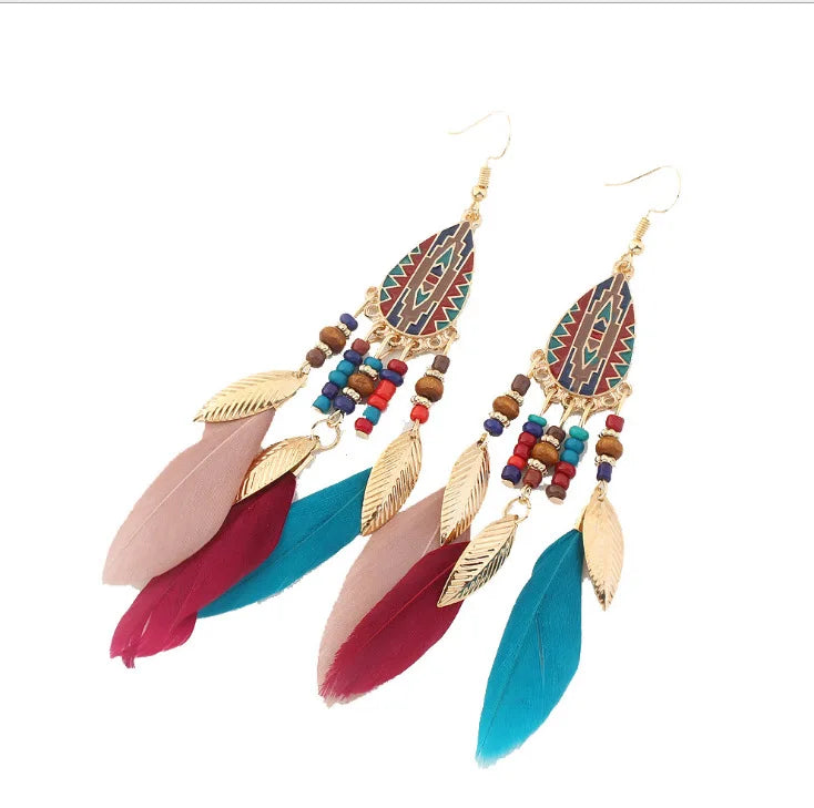 New Fashion Bohemian Earrings Trend Ethnic Alloy Enamel Handmade Wood Bead Leaf Feather Tassel Long Earrings for Women