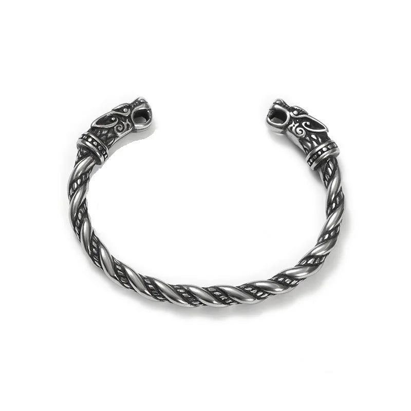 Nordic Viking Fenrir Wolf Head Torque Norse Mythology Stainless Steel  Wolf Bracelet Men's Gift