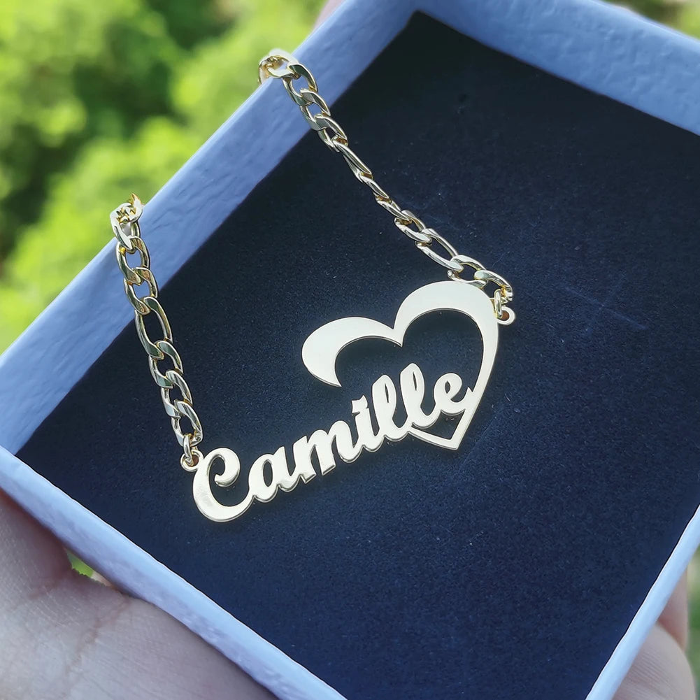 Qiuhan Stainless Steel Personalization Cute Open Heart Custom Name Necklace Gift