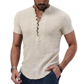 RNSHANGER New Men's Short Sleeve Shirt Summer V Neck Button Cotton Linen Shirt Men's Casual Clothes Popular Shirts for Men
