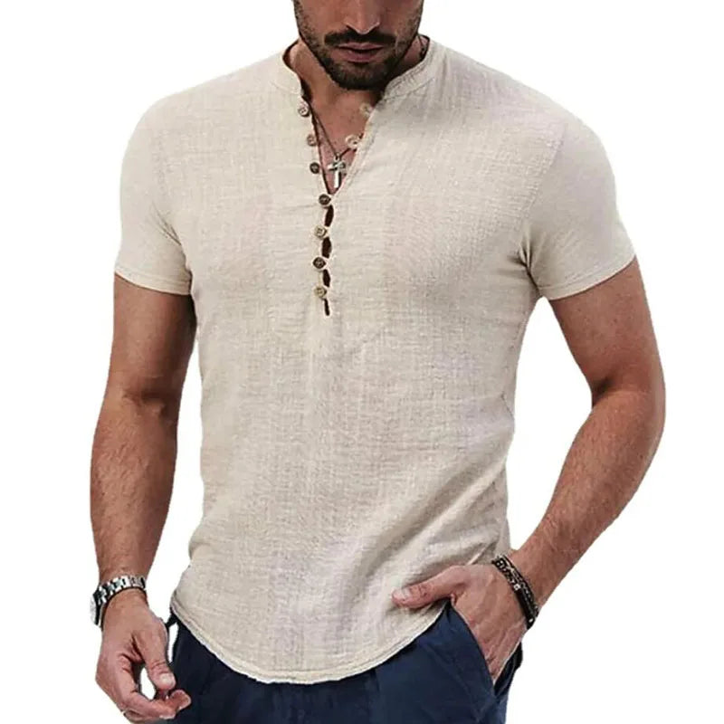 RNSHANGER New Men's Short Sleeve Shirt Summer V Neck Button Cotton Linen Shirt Men's Casual Clothes Popular Shirts for Men