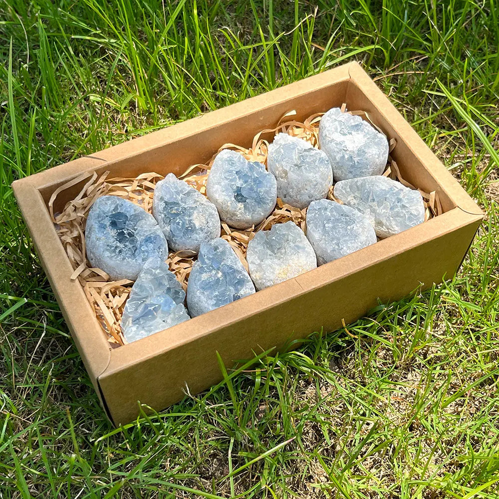 Natural Raw Blue Celestite Mineral Healing Crystal Cluster Geode Gift Box Kit Irregular Home Decoration Gemstone Specimen