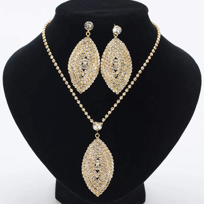 WN326 Hot Selling Wedding Jewelry Set Fashion Leaves Rhinestones Jewelry Set Bridal Necklace and Earrings Set